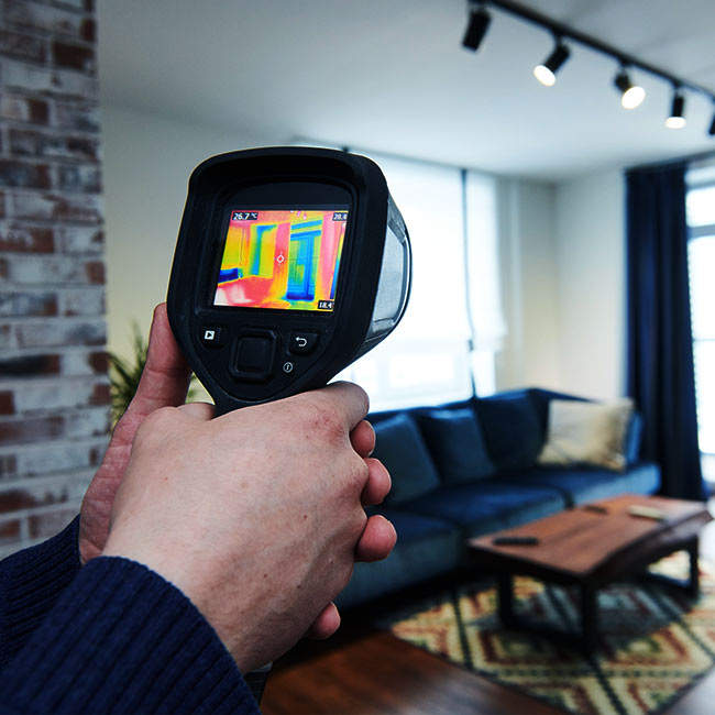 hvac technician holding a thermal camera in front of a living room naples fl